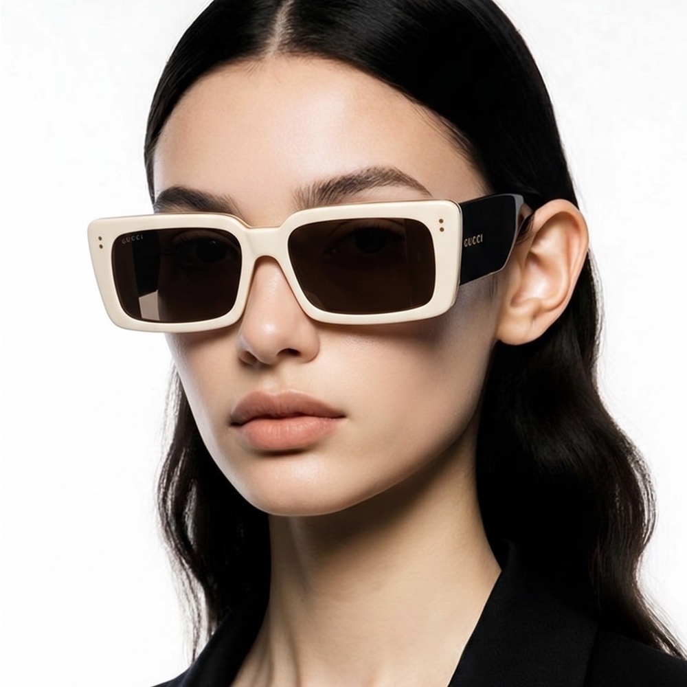 Gucci GG0543S 002 Ivory Black Oversized Rectangular Sunglasses Brown Lens